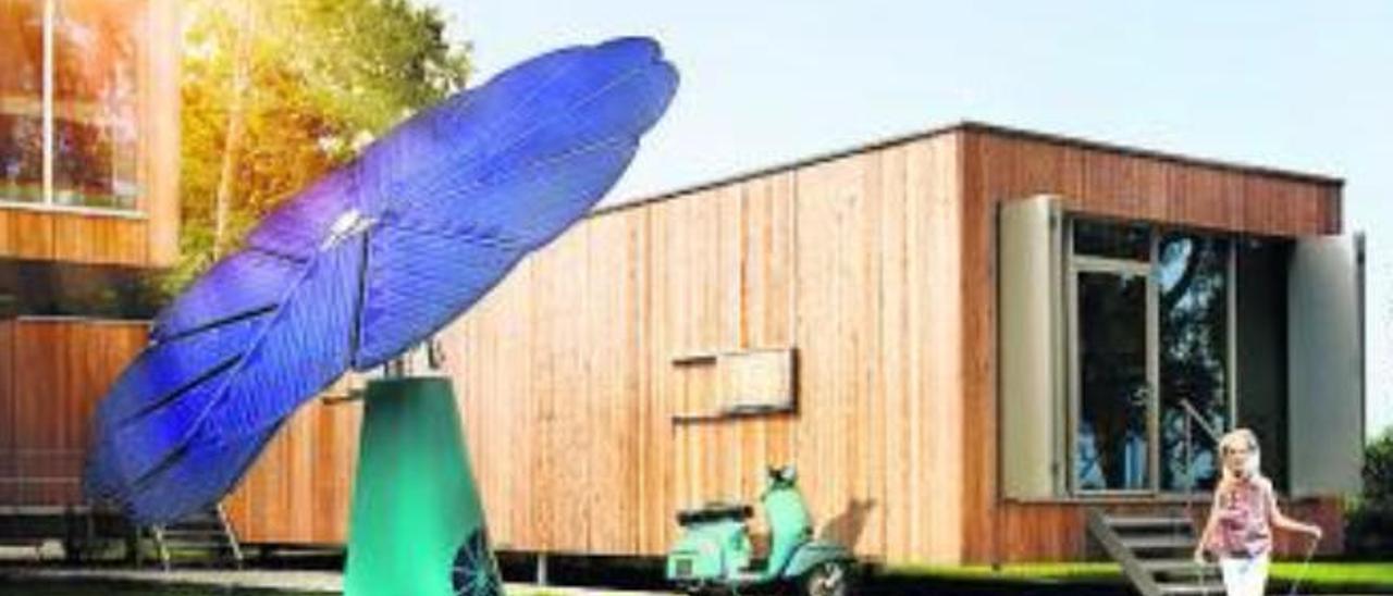 Un smartflower desplegado en el jardín de una vivienda.