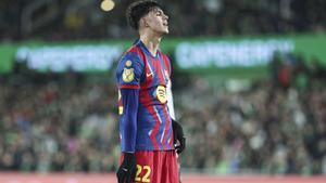 Marc Bernal of FC Barcelona lamenting during the Spanish Cup, Copa del Rey, round of 16 football match played between Real Racing Club de Santander and FC Barcelona at Campos de Sport de El Sardinero on January 15, 2026, in Santander, Spain. AFP7 15/01/2026 ONLY FOR USE IN SPAIN. Irina R. Hipolito / AFP7 / Europa Press;2026;SPAIN;SPORT;ZSPORT;SOCCER;ZSOCCER;COPA;Real Racing Club de Santander v FC Barcelona - Copa del Rey Round of 16