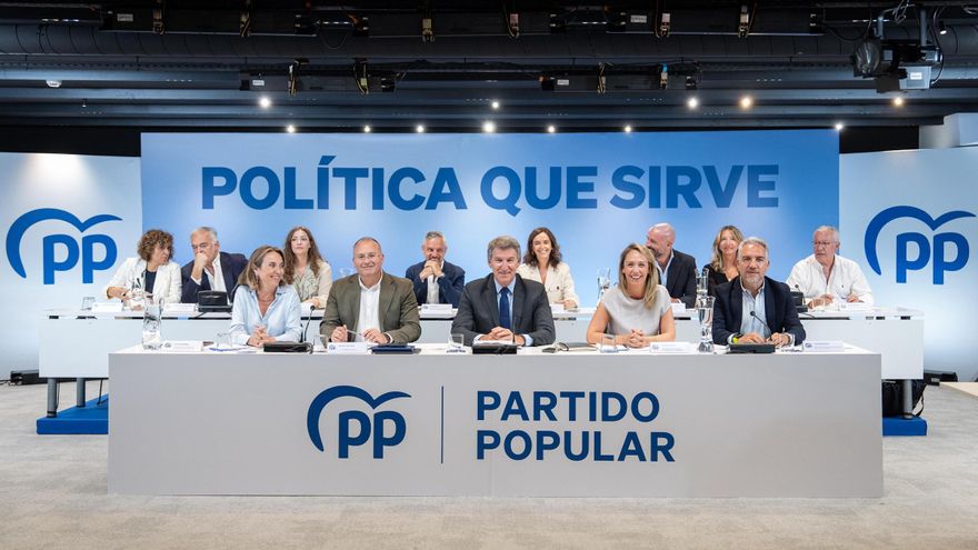 La direcció nacional del PP, aquest dilluns, a la seu del partit a Madrid.