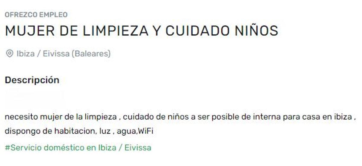 Vacante de empleo ofertada en una página web para trabajar en Ibiza