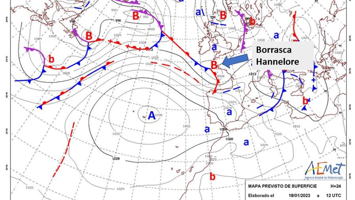 Mapa en el que se ve dónde se ubicará la borrasca 'Hannelore'