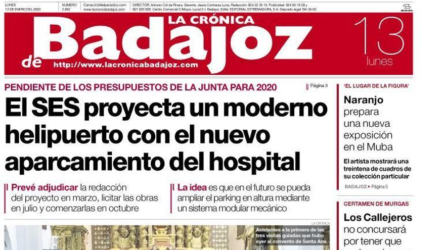 Esta es la portada de LA CRÓNICA DE BADAJOZ correspondiente al día 13 de enero del 2020