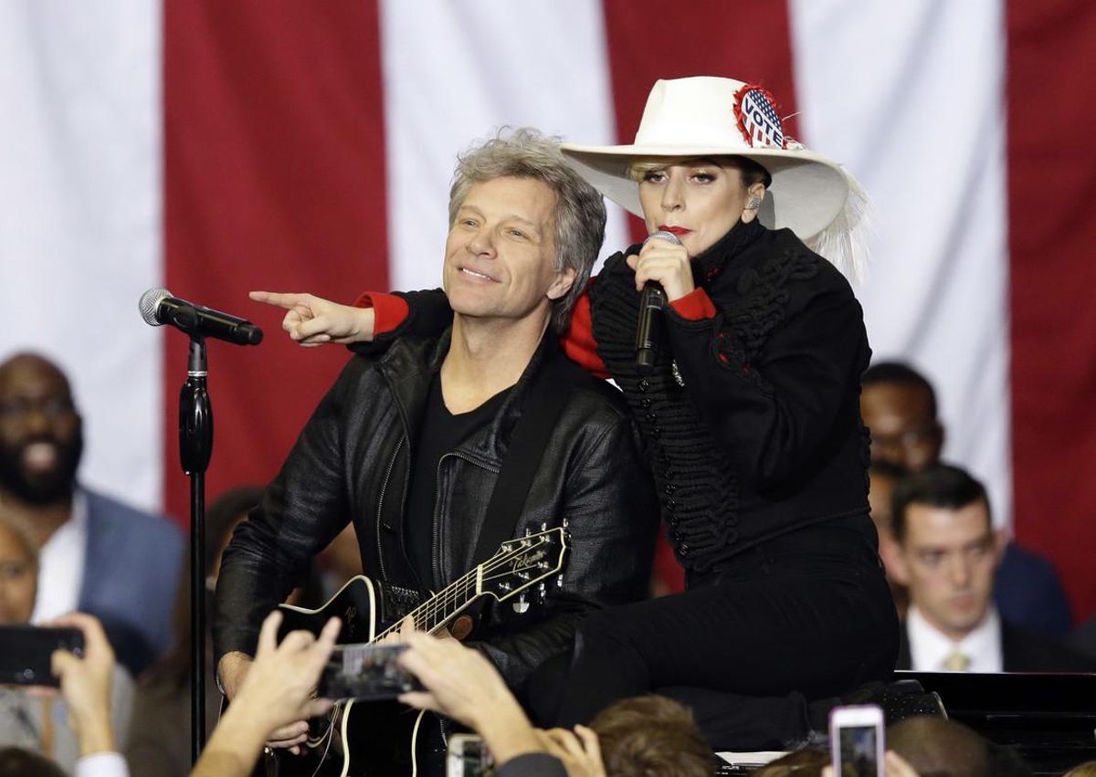 Jon Bon Jovi and Lady Gaga perform during a campaign rally for Democratic presidential candidate Hillary Clinton in Raleigh, N.C., Tuesday, Nov. 8, 2016. (AP Photo/Gerry Broome)