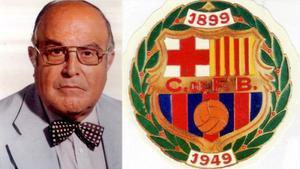 Combo fotográfico con un retrato de Salvador Grau y el escudo del Barça de 1949.