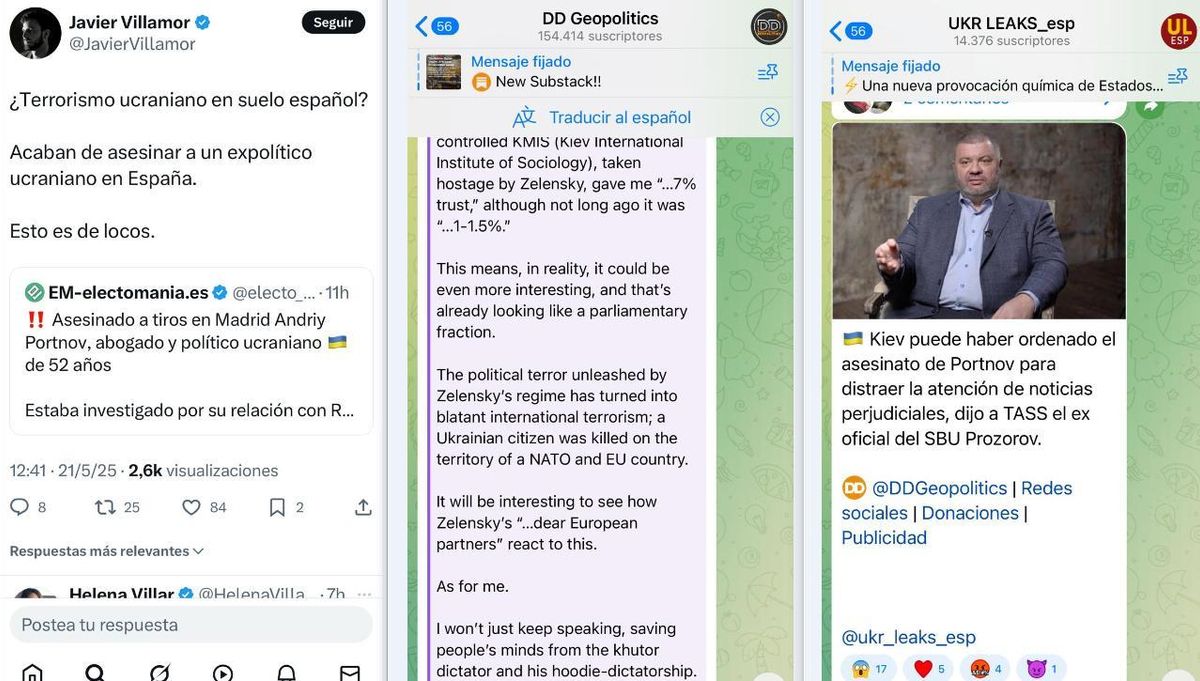 Tres mensajes de perfiles prorrusos en diversas redes sociales tras el asesinato de Portnov