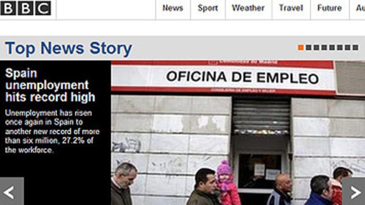 Apertura de la web de la BBC con la noticia del paro en España, a primera hora de este jueves.