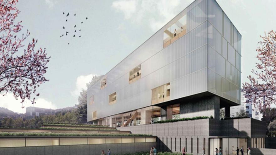 Infografía de la fachada orientada al interior de la zona ajardinada del campus sur.