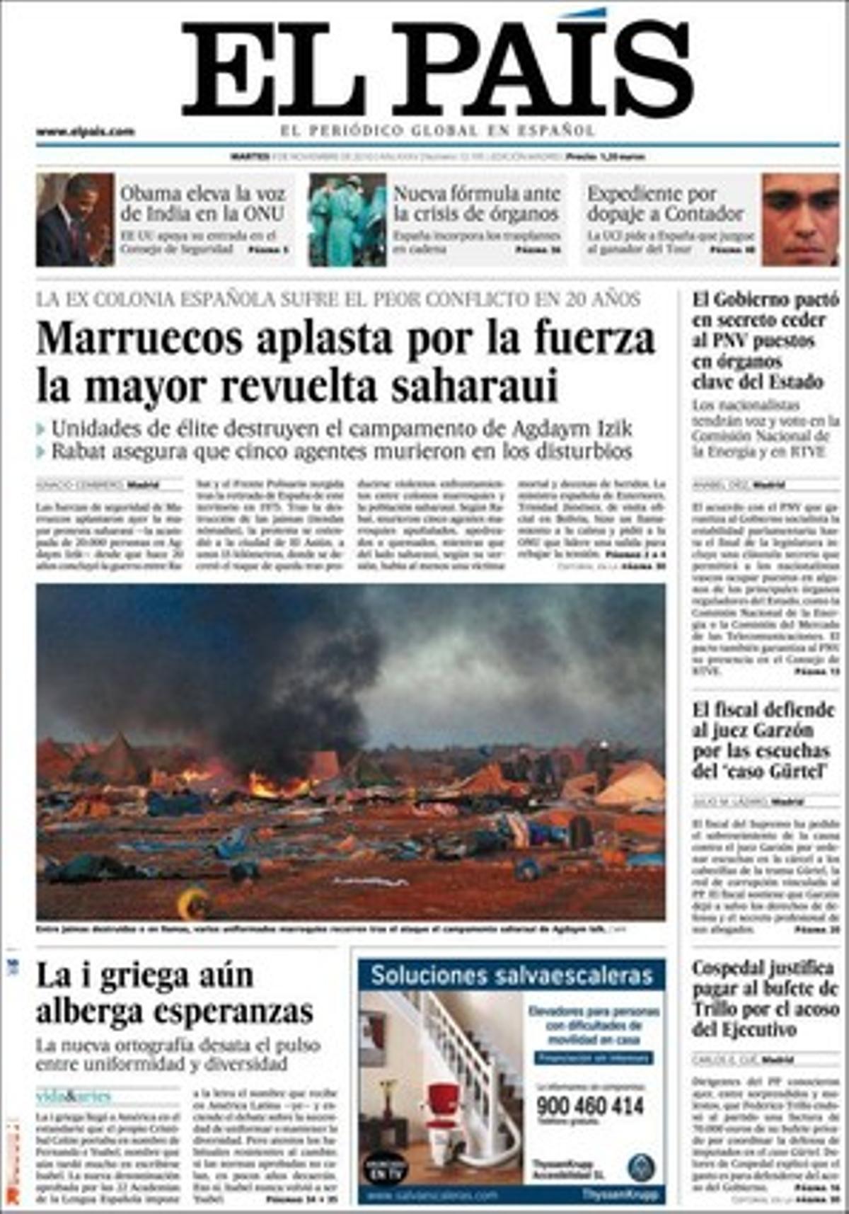 A dins ’El País’ destaca unes declaracions d’Aminatu Haidar --Rabat vol provocar una guerra civil al Sàhara--; que el PNB tindrà representants en els òrgans de l’Estat d’Energia, Comunicacions, Comissió Postal i RTVE; que les crítiques a l’estímul monetari arraconen els EUA abans del G-20; que Berlín sembra dubtes sobre el deute i el contagi arriba a Espanya i Itàlia; que el barri barceloní de Trinitat Vella clama contra la droga; que el líder del PSC de Cunit recolza l’imam condemnat per coaccionar una mediadora cultural, i que neix l’aparador --un registre en internet-- dels èxits i fracassos de la reproducció assistida en clíniques espanyoles.