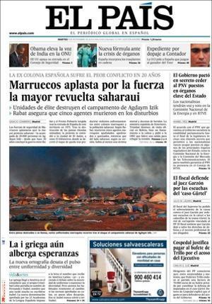 A dins ’El País’ destaca unes declaracions d’Aminatu Haidar --Rabat vol provocar una guerra civil al Sàhara--; que el PNB tindrà representants en els òrgans de l’Estat d’Energia, Comunicacions, Comissió Postal i RTVE; que les crítiques a l’estímul monetari arraconen els EUA abans del G-20; que Berlín sembra dubtes sobre el deute i el contagi arriba a Espanya i Itàlia; que el barri barceloní de Trinitat Vella clama contra la droga; que el líder del PSC de Cunit recolza l’imam condemnat per coaccionar una mediadora cultural, i que neix l’aparador --un registre en internet-- dels èxits i fracassos de la reproducció assistida en clíniques espanyoles.