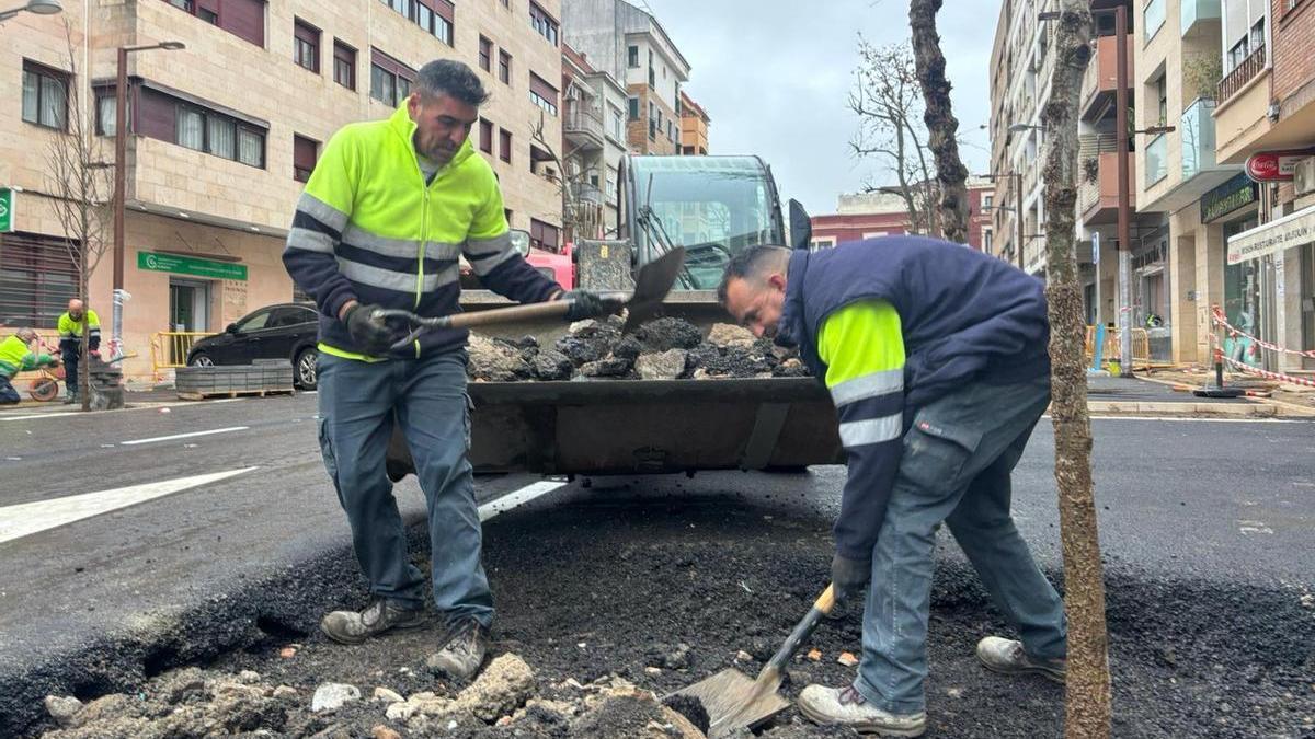 Dos obreros de la empresa Cubillana trabajan en uno de los alcorques de la plaza de Portugal de Badajoz.