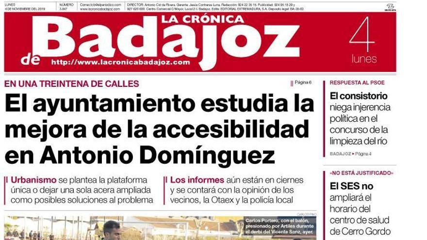 Esta es la portada de LA CRÓNICA DE BADAJOZ correspondiente al día 4 de noviembre del 2019