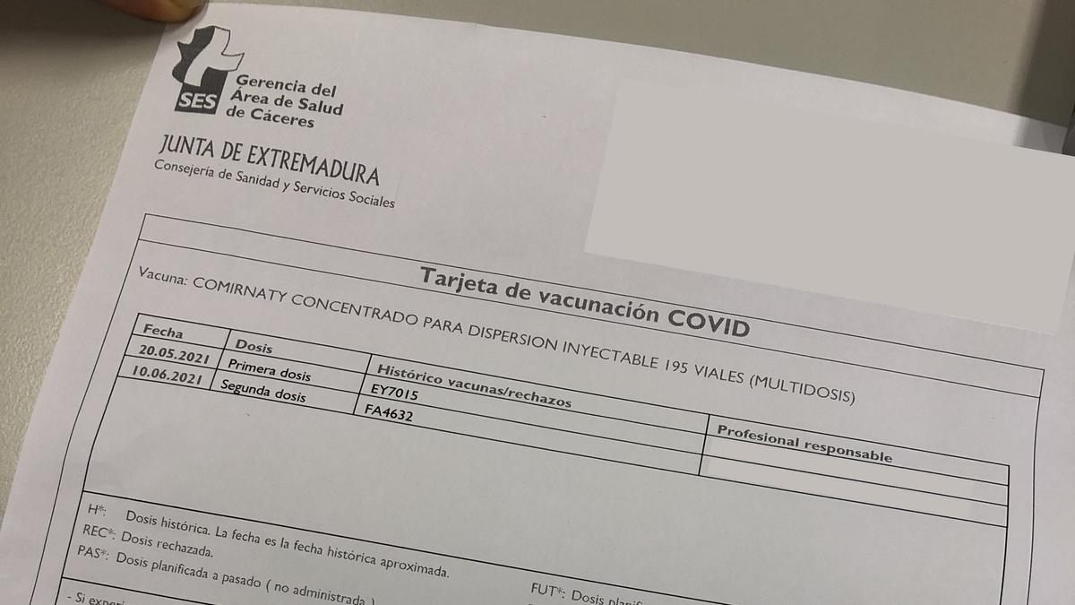 Ejemplo de tarjeta de vacunación.