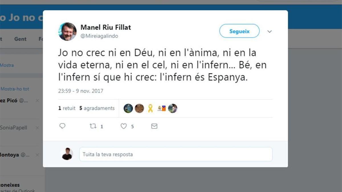Tuit del profesor de Tremp Manel Riu, citado a declarar en enero por sus críticas a las fuerzas policiales tras el 1-O.