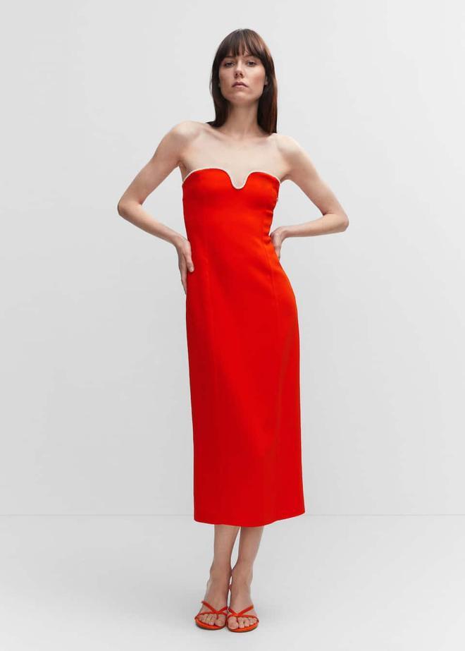 Vestido sin mangas rojo con detalle metálico en escote de Mango