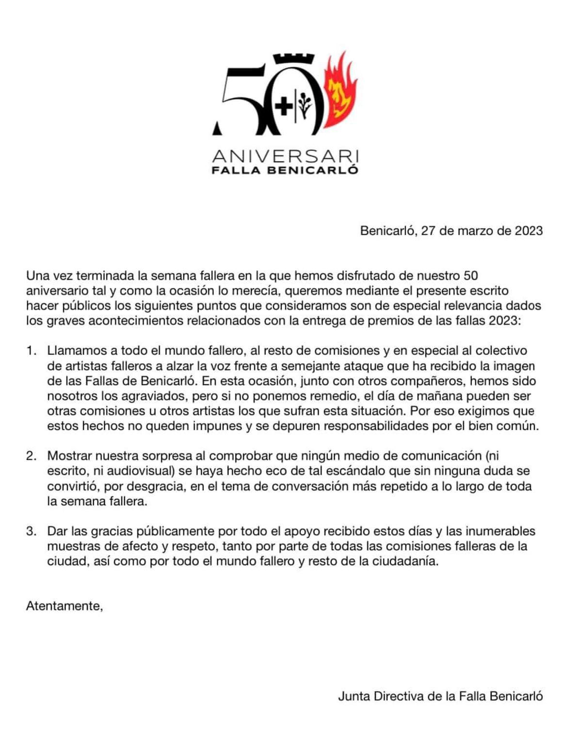 Comunicado completo publicado por la Falla Benicaró.