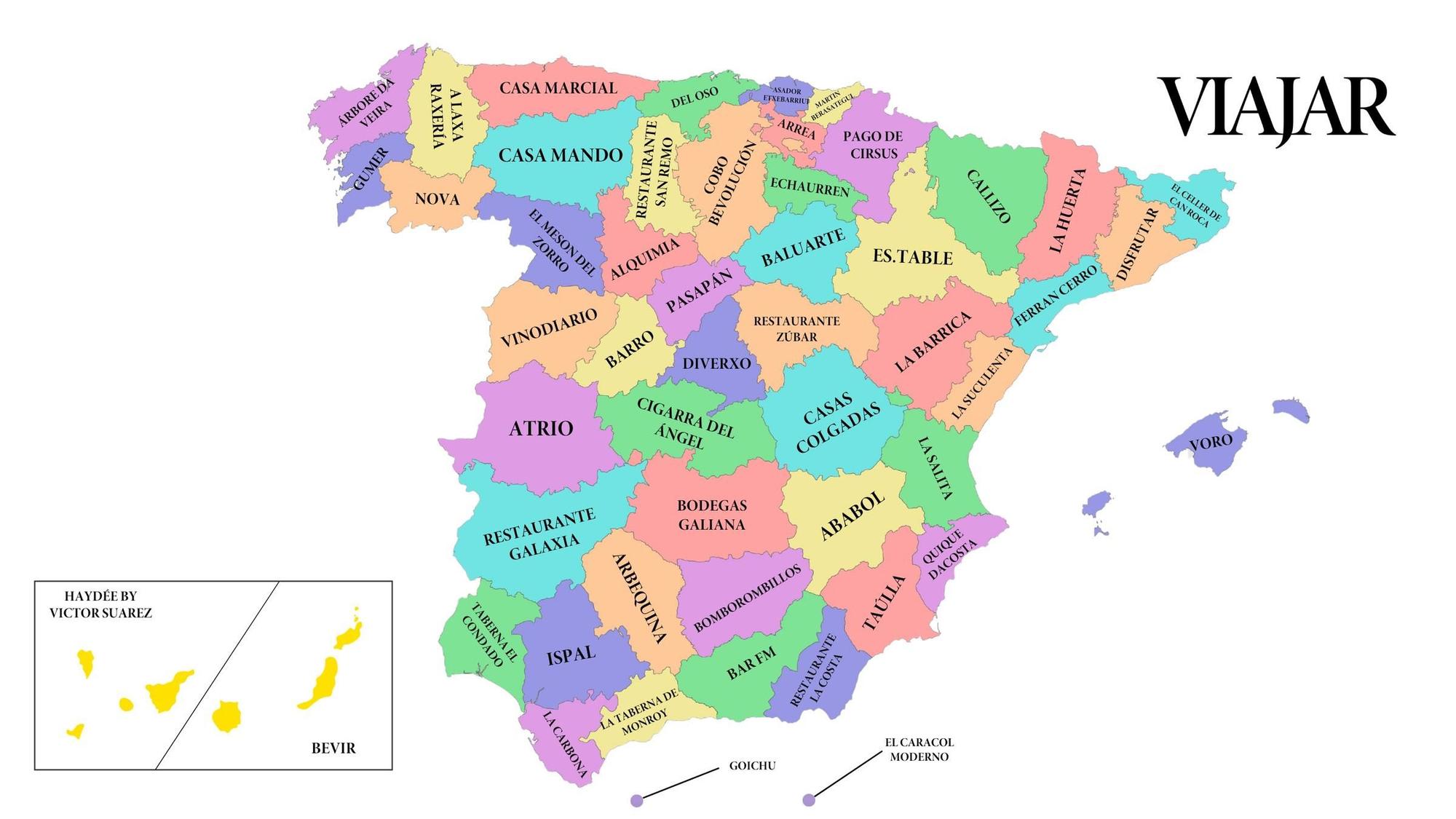 Un mapa con el mejor restaurante, provincia a provincia de España.