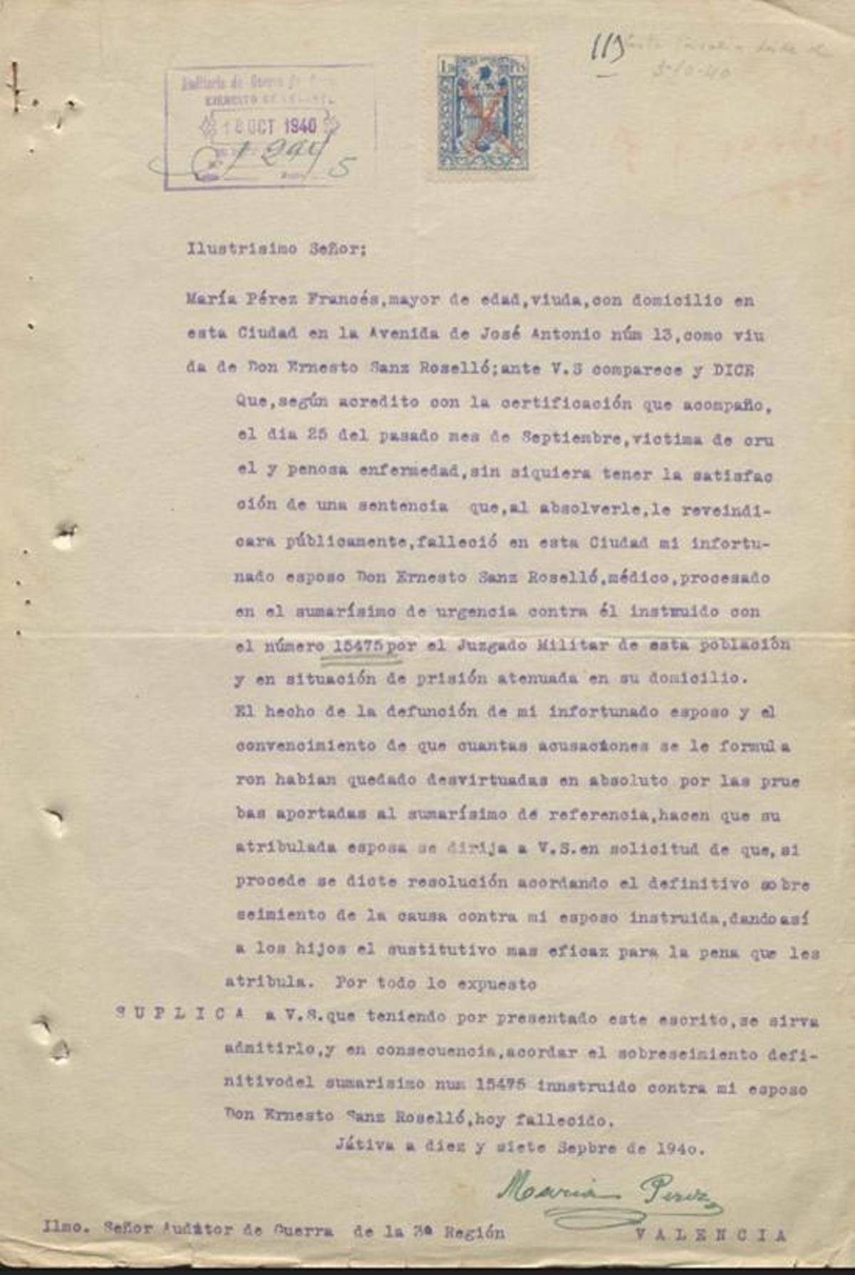 Petición de María Pérez, esposa de Ernesto Sanz, solicitando sobreseimiento ante la imposibilidad de celebrar el juicio.