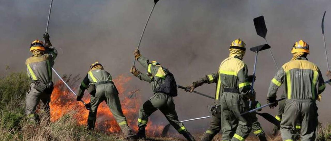 Bomberos forestales durante la extinción de un fuego en montes de Órrea (Agolada). // Bernabé/Gutier