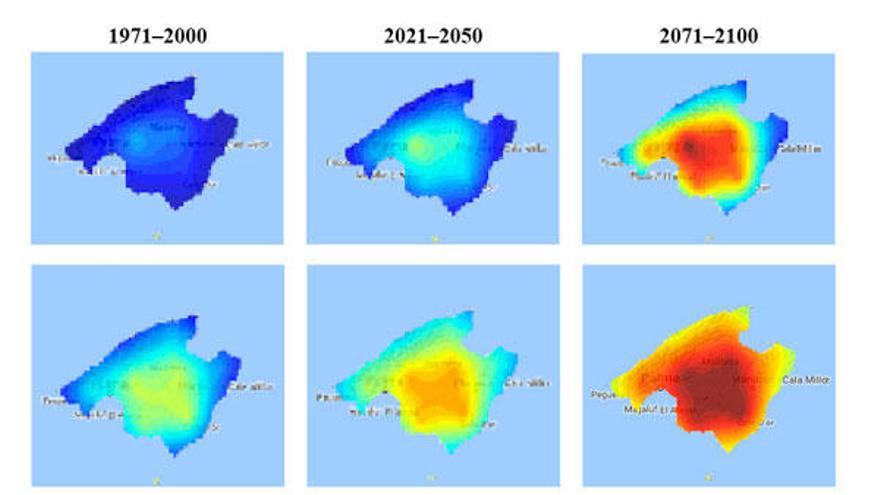 Die Karten zeigen die laut Klimamodellen prognostizierte Zunahme der Tage mit mehr als 35 Grad Höchsttemperatur (1. Reihe), der relativen Luftfeuchtigkeit (2. Reihe), der Tropennächte (3. Reihe) sowie der Hitzewellen.