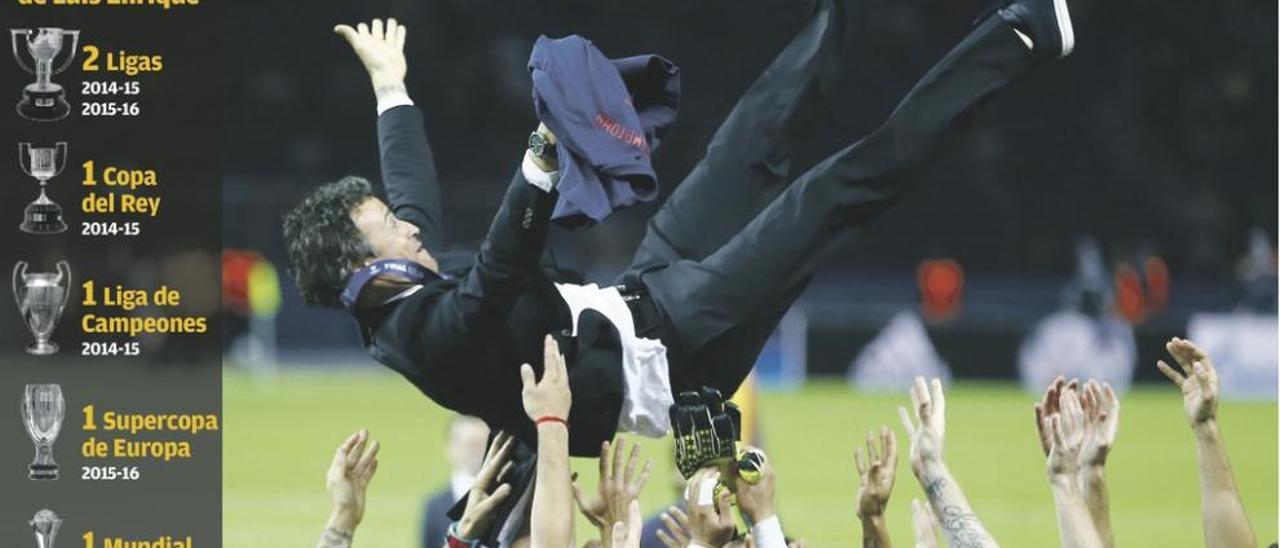 Luis Enrique es manteado por sus jugadores tras ganar la Liga de Campeones en el Estadio Olímpico de Berlín frente a la Juventus.
