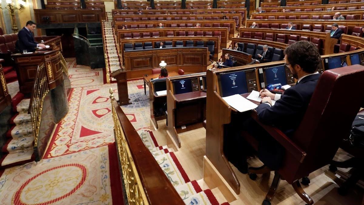 El presidente del Gobierno, Pedro Sánchez, durante su intervención en la sesión de control al Ejecutivo celebrada el miércoles 22 de abril en el Congreso