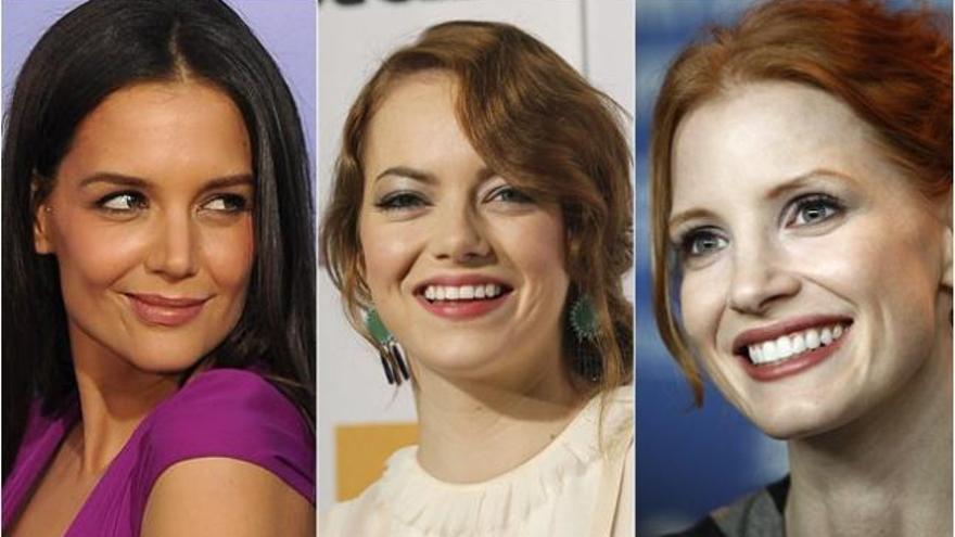 Las actrices Katie Holmes, Emma Stone y Jessica Chastain.