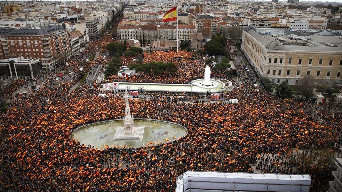 Vista  aerea Manifestación de las derechas en la plaza de Colón de Madrid