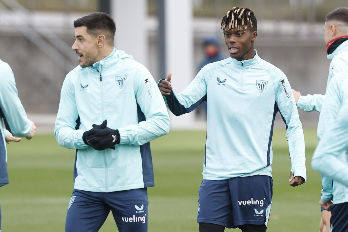 Nico Williams, en un entrenamiento de esta semana del Athletic