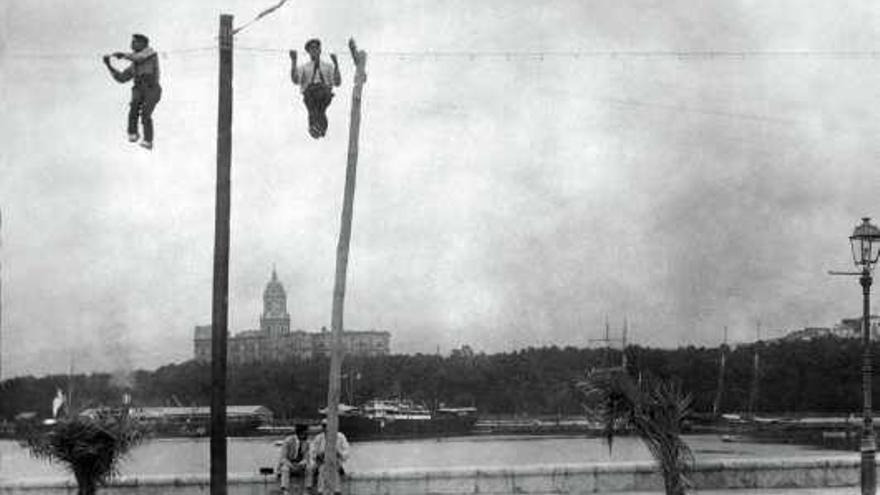Francisco Sánchez, 1926. Colocando grapas para el tendido de cable telefónico del Paseo de la Farola de Málaga.