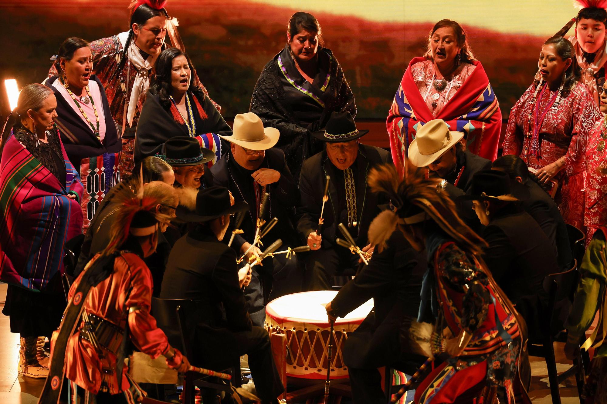 Los Angeles (United States), 10/03/2024.- Osage singers and dancers perform a song from the movie ''Killers of the Flower Moon", nominated for Best Original Song, during the 96th annual Academy Awards ceremony at the Dolby Theatre in the Hollywood neighborhood of Los Angeles, California, USA, 10 March 2024. The Oscars are presented for outstanding individual or collective efforts in filmmaking in 23 categories. EFE/EPA/CAROLINE BREHMAN