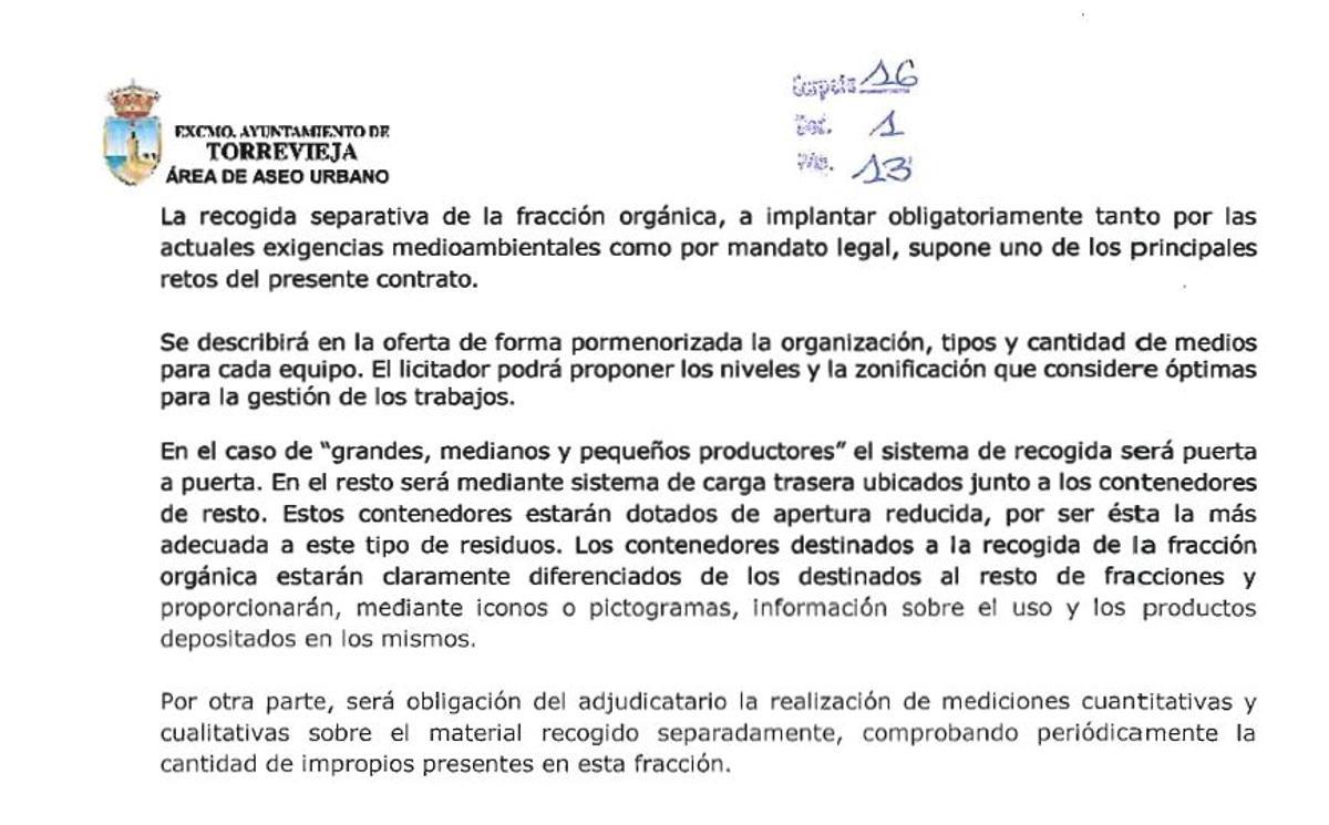 Página 11 del pliego técnico que rige la contrata de basura de Torrevieja, elaborado por la empresa Mediurb
