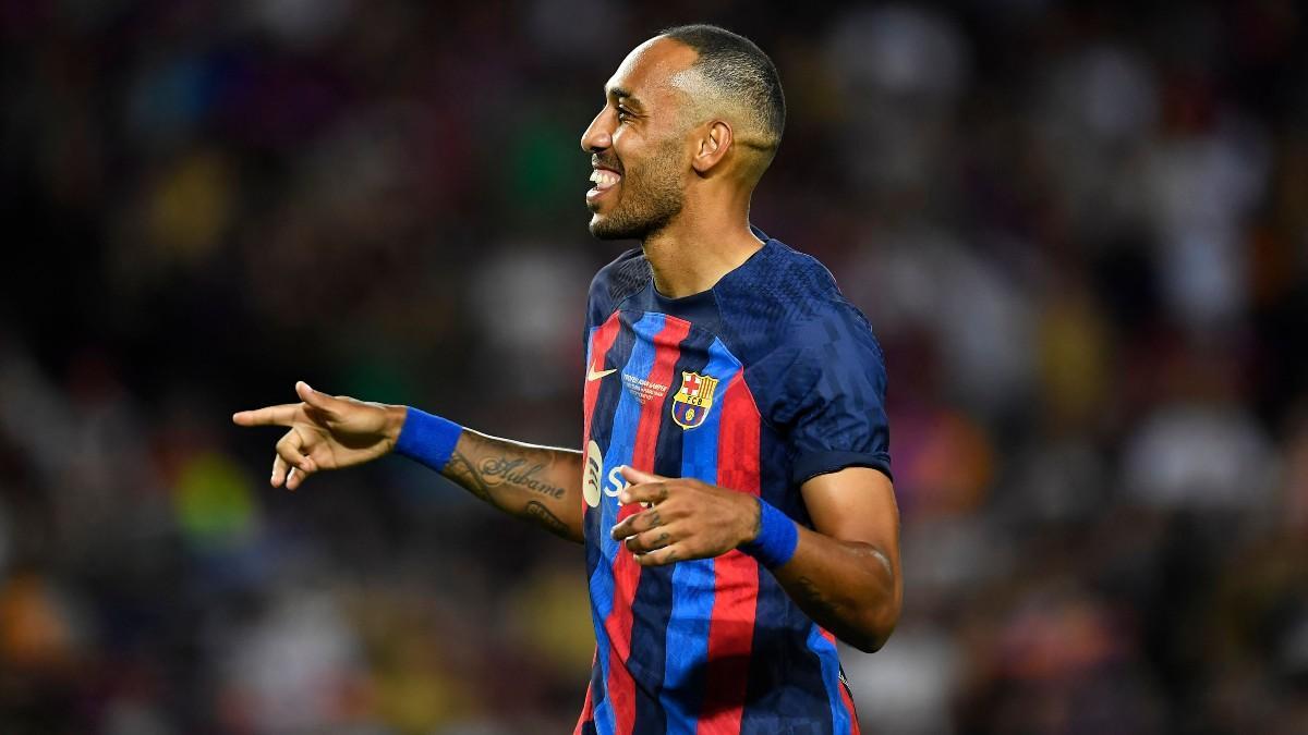 Aubameyang celebrando uno de sus goles con la camiseta del Barça