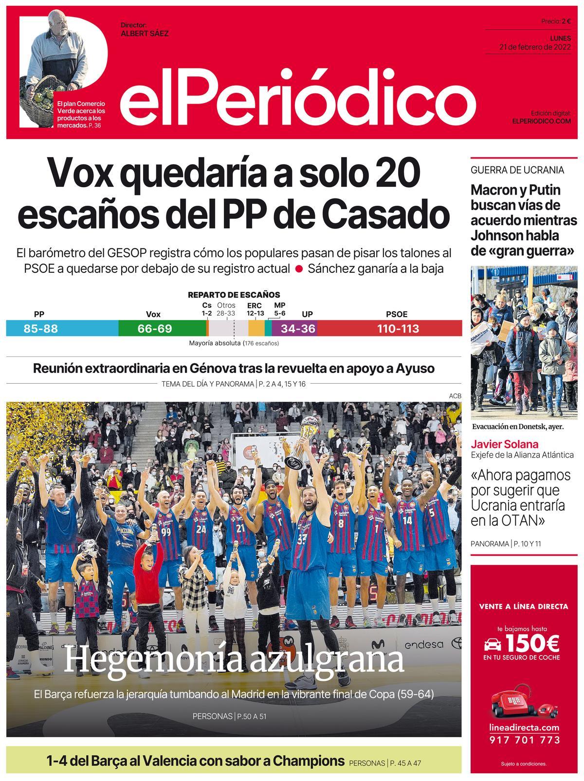 La portada d’EL PERIÓDICO del dilluns 21 de febrer del 2022