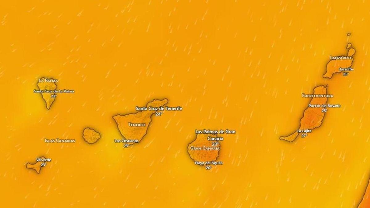 Temperaturas previstas en Canarias para las 14.00 horas del 28 de julio de 2026, según Windy