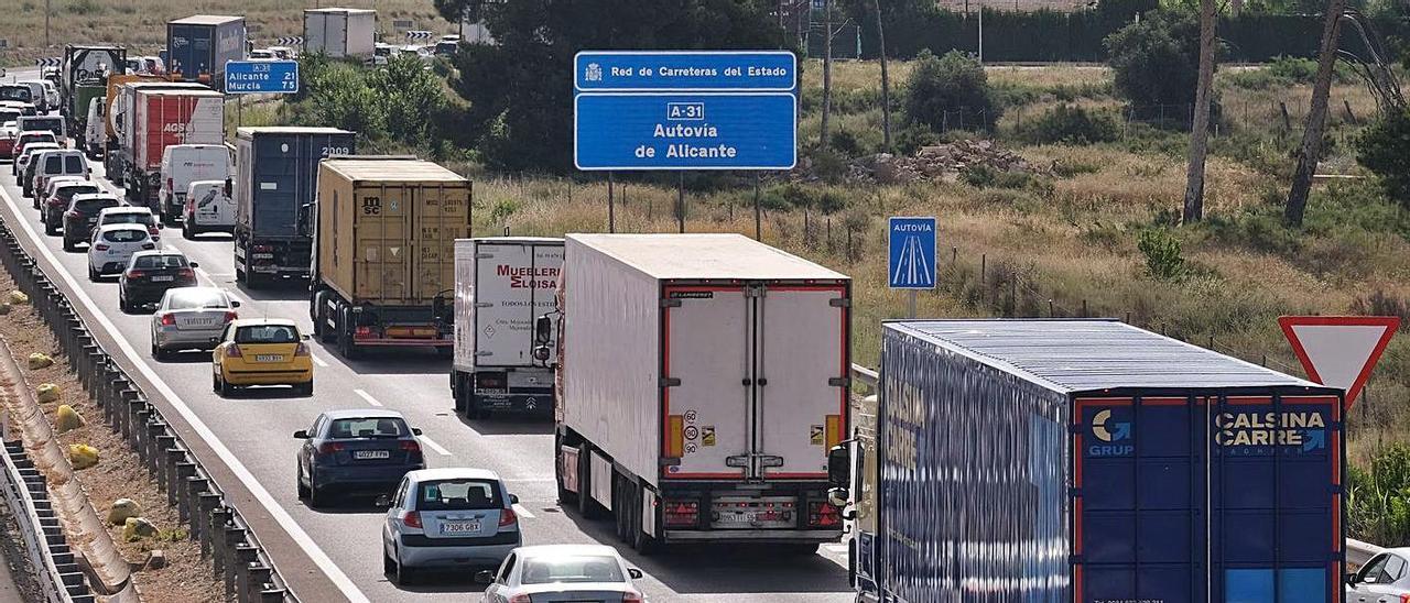 Camiones circulando en caravana por la autovía A-31. |