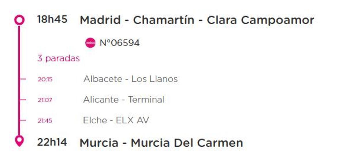Cronograma que debía seguir el tren con destino a Murcia del Carmen y con parada en Alicante.