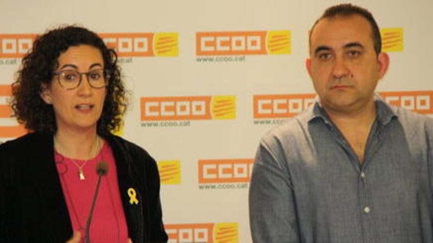 La secretària general d&#039;ERC, Marta Rovira, al costat del secretari general de CCOO de Catalunya, Javier Pacheco.