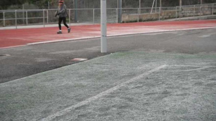 Un campo de fútbol del polideportivo de Alcoy amaneció ayer completamente helado.