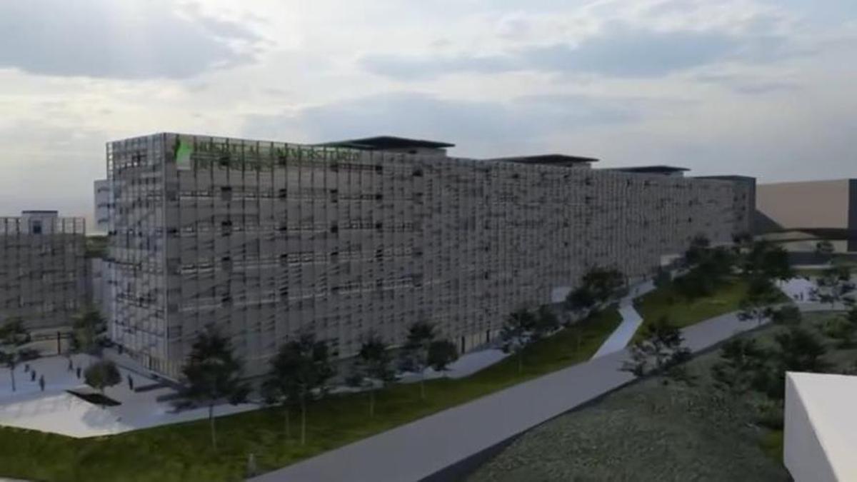 Infografía con la fachada de la ampliación del hospital.