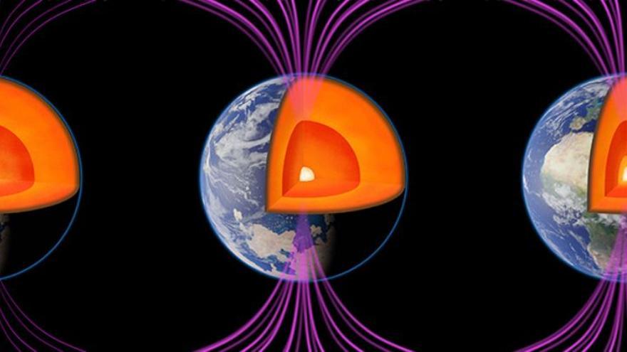 Representación de dos fechas cruciales en la historia del núcleo interno de la Tierra: primero (izquierda), sin un núcleo interno; segundo (centro), con un núcleo interno que comenzaba a crecer, hace unos 550 millones de años; tercero (derecha), con un núcleo interno más desarrollado y dividido en dos capas, hace unos 450 millones de años. Este proceso restauró el campo magnético del planeta justo antes de la explosión de vida en la Tierra.