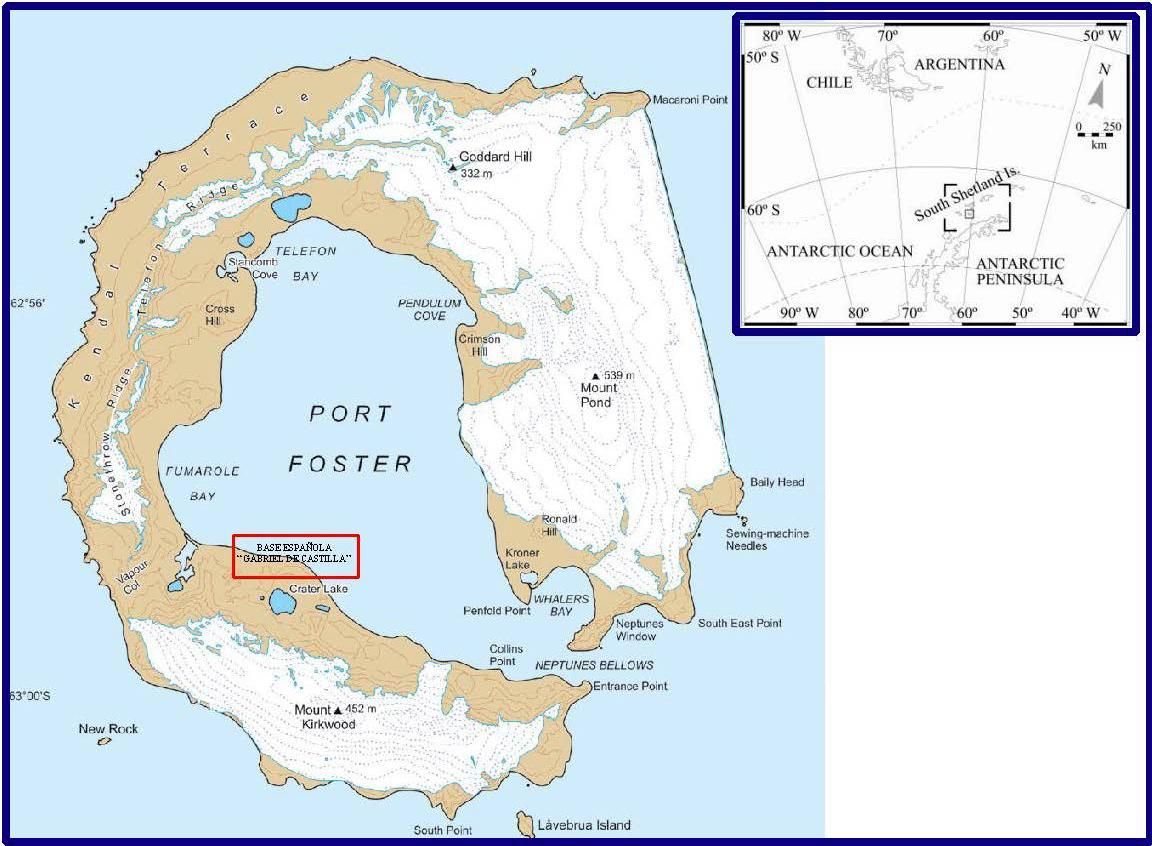 Mapa que sitúa la base española en Isla Decepción respecto al continente americano.