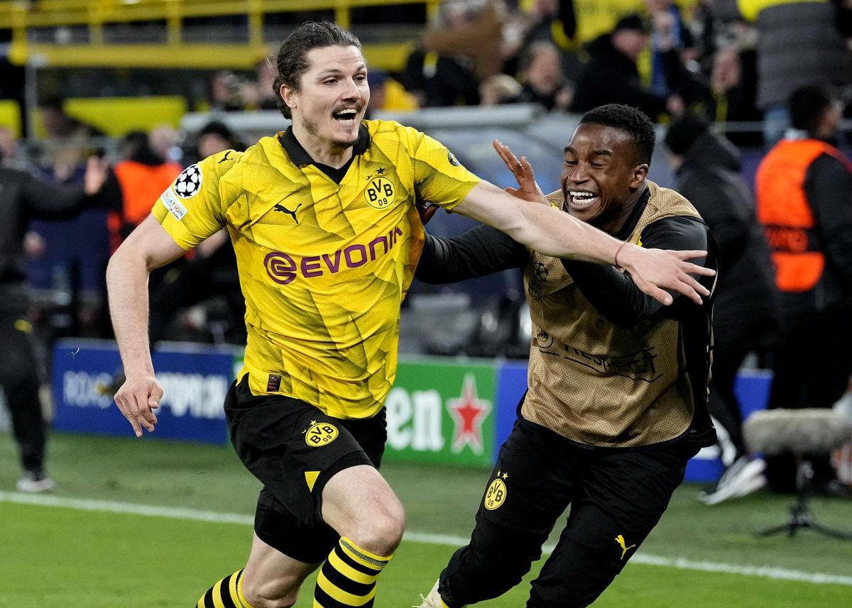 Sabitzer, del Dortmund y el hombre del partido, celebra su gol contra el Atlético