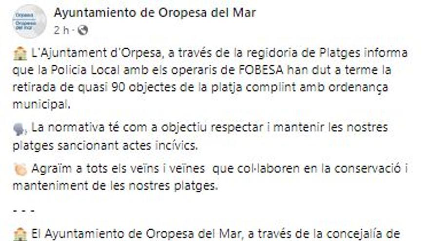 Captura del post del Facebook del Ayuntamiento de Orpesa.