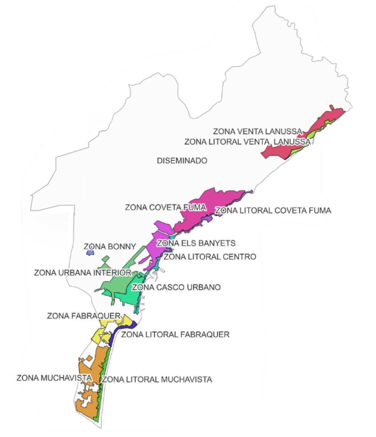 Mapa de El Campello con las zonas establecidas