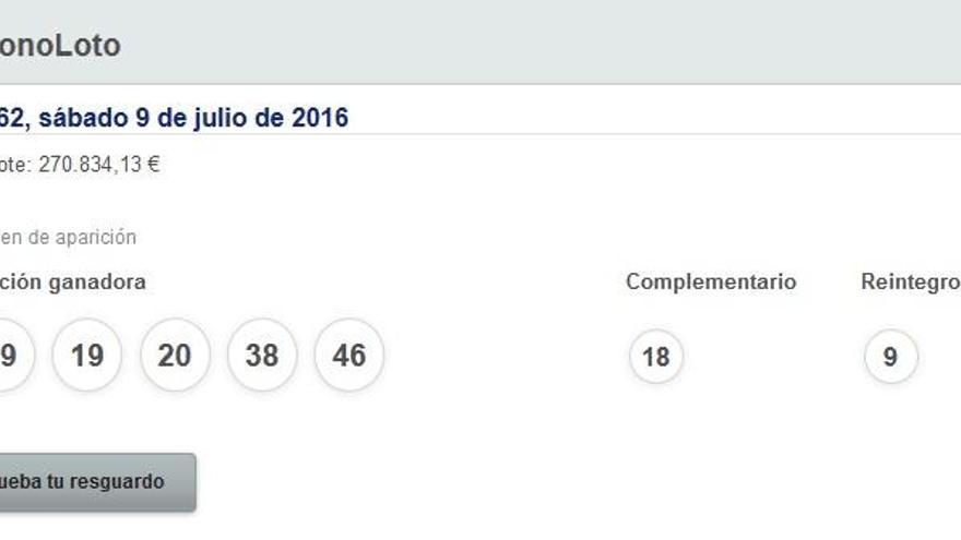 Resultados de la Bonoloto del sábado 9 de julio de 2016