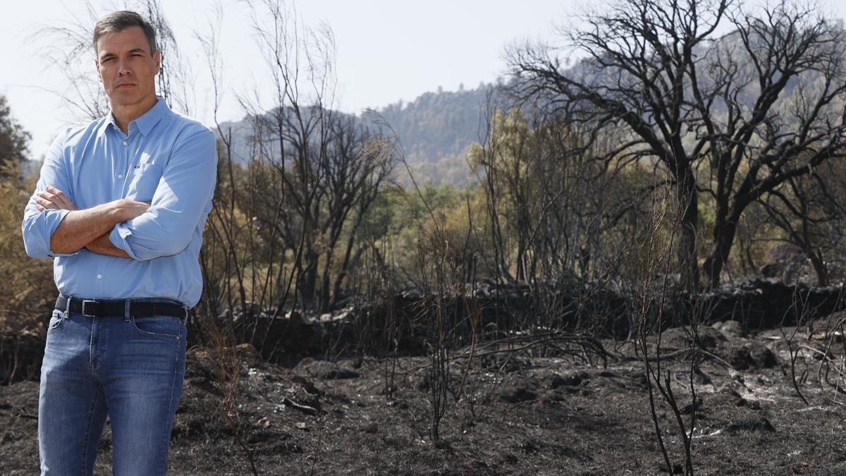 Pedro Sánchez visita zonas afectadas por el fuego en Casas de Miravete.