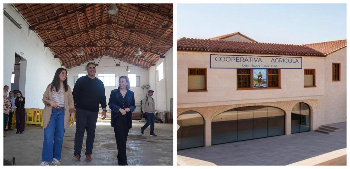 A la izquierda, visita a la cooperativa. A la derecha, recreación del futuro auditorio.