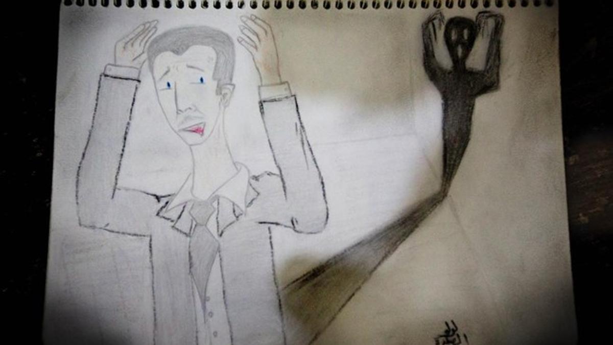 Dibujo de una niña siria que muestra a Al-Asad, con una sombra que recuerda `El grito¿ de Munch, en la exposición de Garcia Vilanova en La Virreina.