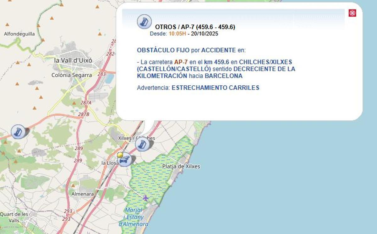 Aviso de la DGT del accidente en Xilxes