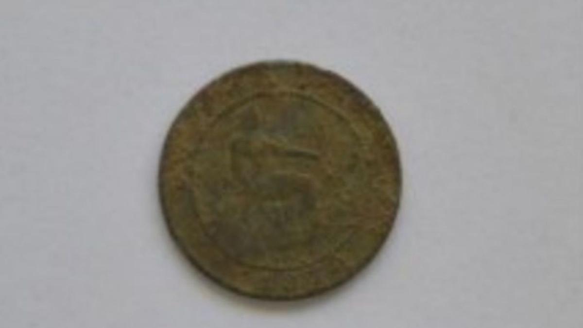 Moneda de cobre de 10 céntimos de peseta de 1870.